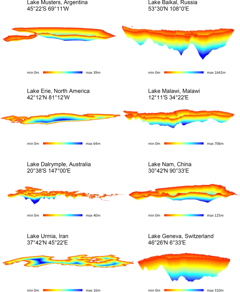 Bathymetric maps for selected waterbodies in the GLOBathy dataset.
