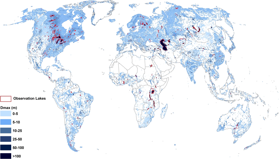 Global waterbodies maximum depth (Dmax) distribution.