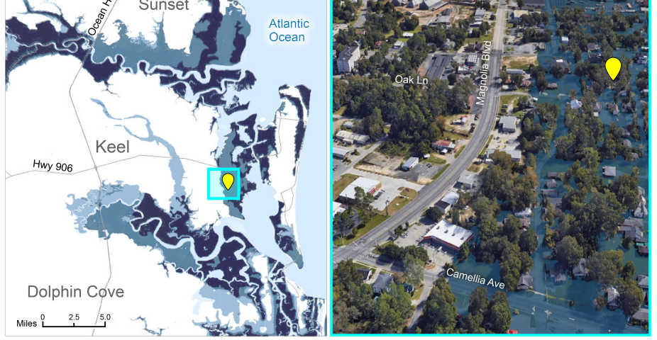 Aerial map of Storm Surge Forecast next to a photo of storm surge in the same area