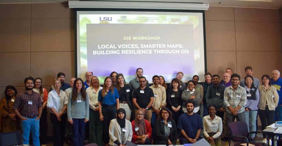 Attendees at the GIS workshop. Through a series of three workshops, LAUNCH brought together researchers, policymakers, teachers, college students, and community organization members to address the impacts of natural hazards on lives and property in coastal regions of Louisiana.