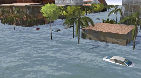 Computer graphic of a town street and car flooded from storm surge