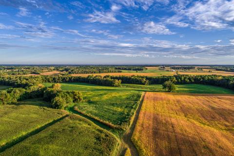 An aerial drone photo over the fields and dirt road lanes in the fields during the golden light of the morning. iStock