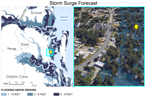 Aerial map of Storm Surge Forecast next to a photo of storm surge in the same area