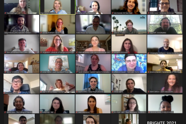 Zoom grid image of several dozen students at the Bright Workshop online training