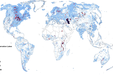 Global waterbodies maximum depth (Dmax) distribution.