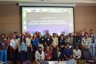 Attendees at the GIS workshop. Through a series of three workshops, LAUNCH brought together researchers, policymakers, teachers, college students, and community organization members to address the impacts of natural hazards on lives and property in coastal regions of Louisiana.